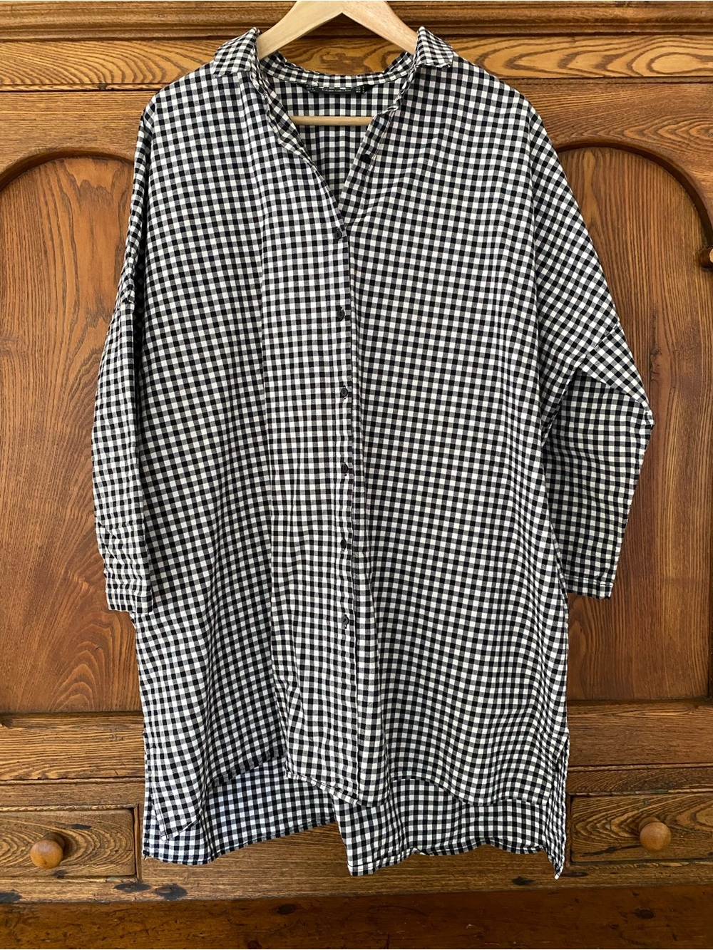 Zara black white gingham check oversize tunic shirt top cotton collar